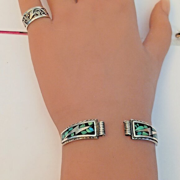 Native American Sterling Watch Tips Turquoise Mosaic (1588) - Picture 4 of 4